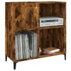 A wooden shelf unit with compartments, holding vinyl records, a stereo receiver, and books. Produktbild-Vorschau