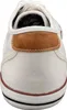 A close-up, front-facing view of a white canvas sneaker with a brown leather accent. Produktbild-Vorschau