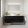 A modern bathroom vanity with a black cabinet, wooden countertop, and a white vessel sink, illuminated by a backlit mirror. Anteprima dell’immagine prodotto