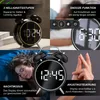 A collage of four images showcasing a black retro-style digital alarm clock with a white LED display, highlighting its features like brightness levels, snooze function, night mode, and sound control. Náhled obrázku produktu