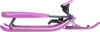 A side view of a pink and gray children's sled with a seat and handlebars. Podgląd zdjęcia produktu