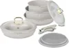 A set of cookware, including pots and pans with lids, a detachable handle, and a storage lid, displayed on a white background. Produktbild-Vorschau