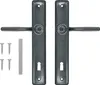 A set of two door handles with screws and a metal bar on a white background. Anteprima dell’immagine prodotto