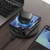 A laptop, a phone case with a phone, and wireless earbuds are on a wooden desk. Produktbild-Vorschau