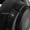 Close-up of the side of a black headset, showing buttons and indicator lights. Produktbild-Vorschau