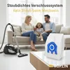 A family is relaxing on a couch while a vacuum cleaner and a vacuum bag are in the foreground. Produktbild-Vorschau