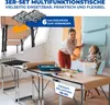 A mother and daughter are shown wallpapering a room, with a long, multi-functional table in the foreground covered with supplies. Produktbild-Vorschau