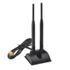 A black dual-band WiFi antenna with two antennas and a base, connected by a black cable with gold connectors, is shown against a white background. Produktbild-Vorschau