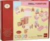 A box of dollhouse furniture with various pink and wood-colored miniature furniture pieces displayed. Podgląd zdjęcia produktu