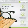A close-up of a garden bench with descriptive text and icons highlighting its features. Náhľad obrázku produktu