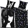 A bedding set featuring a graphic of Wednesday Addams and repeating patterns of violins and the word 'Wednesday'. Náhľad obrázku produktu