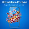 A smartphone screen displaying a colorful floral pattern against a bright blue background, with text overlays. Produktbild-Vorschau