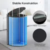 A laundry basket with a lid and internal compartments, shown in a room setting with furniture in the background. Close-up insets highlight construction details. Produktbild-Vorschau