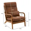 A brown armchair with wooden armrests and legs, shown from a three-quarter side view with dimensions overlaid. Náhľad obrázku produktu