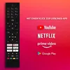 A remote control is shown next to logos of popular streaming services and a German phrase meaning 'With one click to your favorite app'. Produktbild-Vorschau