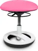 A pink and white adjustable stool.