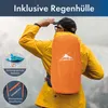 A person wearing a yellow raincoat and a backpack with an orange rain cover, with close-up insets showing material details. Produktbild-Vorschau