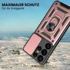 A rose gold phone case with a ring holder is shown in a snowy, outdoor environment. Produktbild-Vorschau
