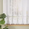 A white lace curtain with a decorative border hangs over a window. Náhled obrázku produktu