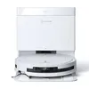 A white robot vacuum cleaner with its charging and emptying station, presented against a white background. Produktbild-Vorschau