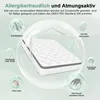 A mattress is shown inside a protective bubble, surrounded by icons and text describing its features. Produktbild-Vorschau