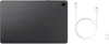 The back of a dark gray Samsung tablet is shown next to a white USB-C charging cable and a SIM card ejector tool. Produktbild-Vorschau