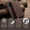 A brown leather phone case for a OnePlus 12 is displayed on a textured brown background, with close-up insets highlighting features. Produktbild-Vorschau