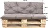 A gray cushion set placed on a wooden pallet, with dimensions indicated by text. Produktbild-Vorschau
