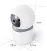 A white security camera with dimensions indicated. Produktbild-Vorschau