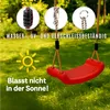 A red swing seat hanging from ropes in a grassy outdoor setting, with close-up insets showing details of the rope and attachment points. Anteprima dell’immagine prodotto