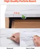 A collage of images showing details of a wooden dresser, including its thickness, wear resistance, and ease of cleaning. Voir les images du produit