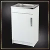 A white kitchen cabinet with a stainless steel sink on top, set against a black background with a decorative border. Náhľad obrázku produktu