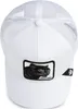 A white trucker cap with a black panther patch on the front. Produktbild-Vorschau