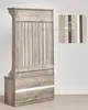 The back view of a wooden hall tree with a shoe bench and a close-up inset showing a measurement. Náhled obrázku produktu