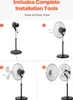 A collage of four images showing the steps for assembling a VEVOR industrial stand fan. Produktbild-Vorschau