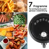 A collage of food items and a close-up of an air fryer control panel with text describing its features. Produktbild-Vorschau