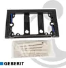 A black plastic mounting frame with blue accents and a bag of white plastic fasteners, with the Geberit logo at the bottom left. Náhľad obrázku produktu