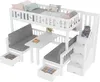 A white loft bed with a desk, bench, and storage stairs. Produktbild-Vorschau