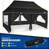 A black pop-up tent with dimensions labeled and a carrying bag shown with its dimensions. Produktbild-Vorschau
