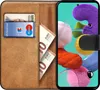 A book-style phone case with a Samsung Galaxy A51 phone inside, showing cards and banknotes in the case's slots. Produktbild-Vorschau