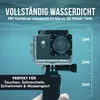 An action camera in a waterproof case is shown underwater, with depth markers indicating its waterproof capabilities. Produktbild-Vorschau
