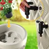 A collage showing a plant in a pot, a close-up of a tap being attached to a water tank, and the top of a water tank with an internal structure. Produktbild-Vorschau