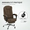 A brown office chair with a footrest is shown, with a circular graphic highlighting one of its wheels and text indicating 360-degree rotation. Voir les images du produit