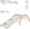 A collection of wooden climbing toys for children, including a large arch climber with a slide and smaller climbing structures. Produktbild-Vorschau
