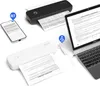 Two portable printers are shown, one black and one white, connected to a laptop and a smartphone respectively, demonstrating their functionality. Documents are being fed into the printers. Náhľad obrázku produktu