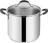 A stainless steel pot with a glass lid and black handles, shown from a slightly elevated front-diagonal angle. Voir les images du produit