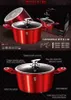 A promotional image showcasing red casseroles with lids, highlighting their features and specifications. Produktbild-Vorschau