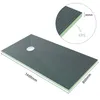 A rectangular shower tray with a drain hole, shown from a slightly elevated diagonal angle. A close-up inset shows a cross-section of the material. Produktbild-Vorschau