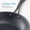 Close-up of a carbon steel frying pan with text overlay. Produktbild-Vorschau