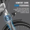 Close-up of an e-bike's front suspension and wheel with marketing text. Produktbild-Vorschau